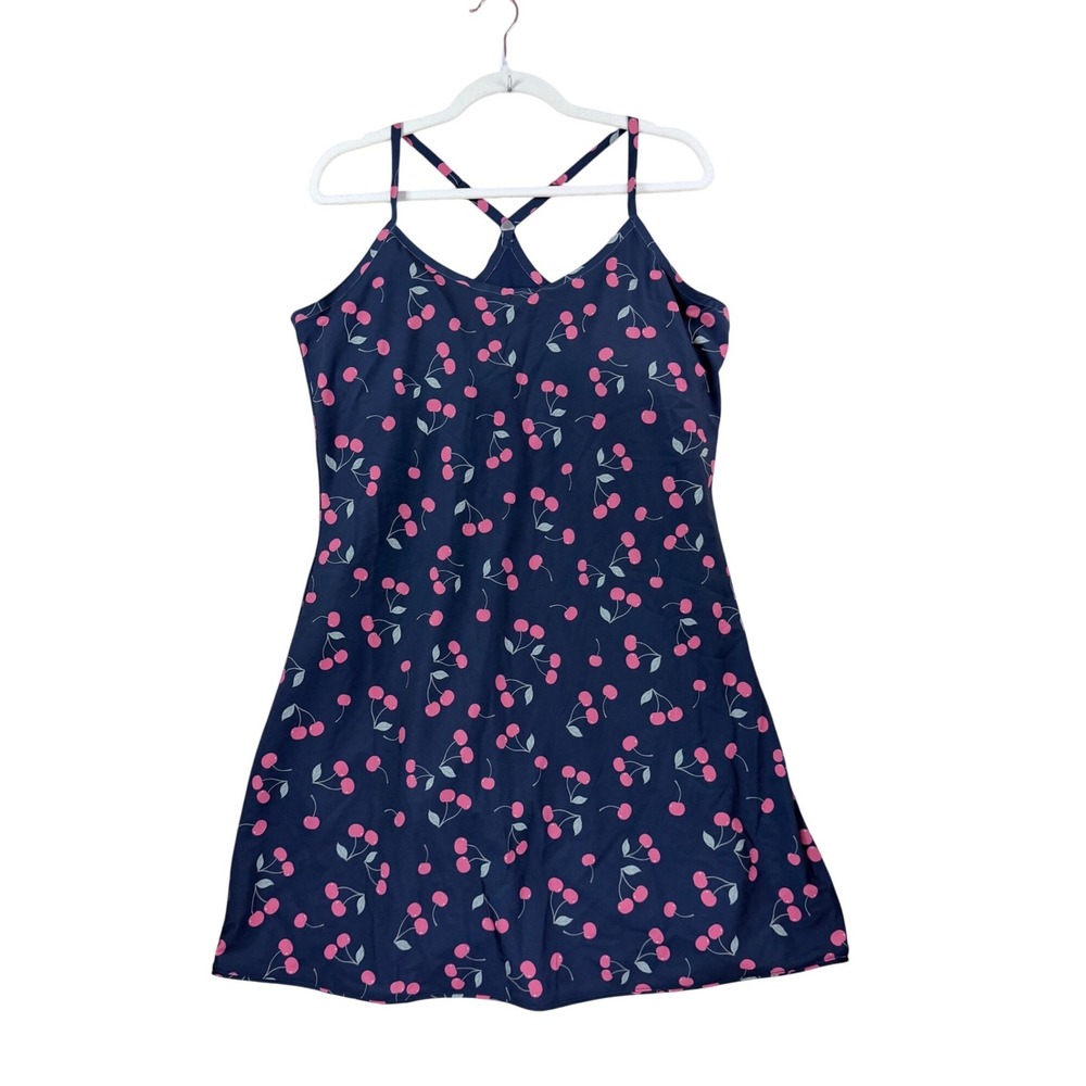 Outdoor Voices Exercise Dress Women XL Navy Blue Cherry Print Activewear Mini